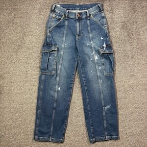 Gap Jeans 90s Loose Cargo Mid Rise Petite 25/0P Medium Wash Paint Splatter‎